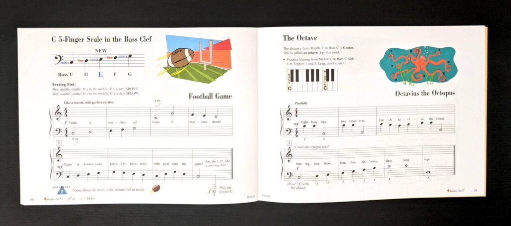 faber piano adventures primer level lesson book open to pages showing c pentascale notation
