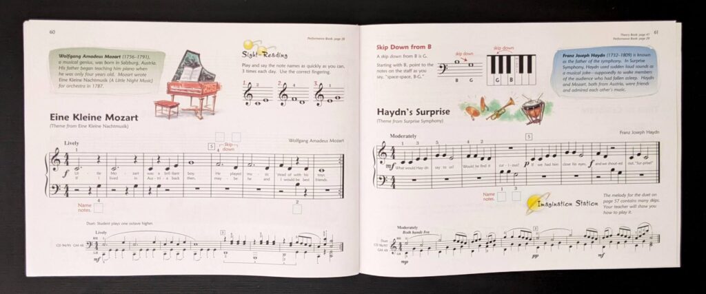 Inside pages from Alfred's Premier Piano Course Level 1A Lesson Book showing two classical beginner piano pieces