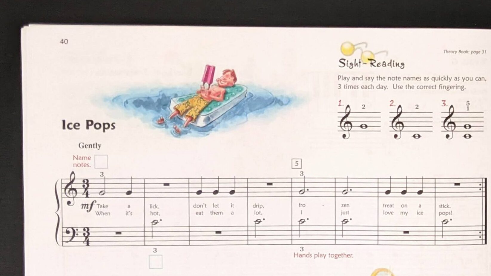 Example of a song illustration from Alfred's Premier Piano Course Level 1A Lesson Piano Method Book