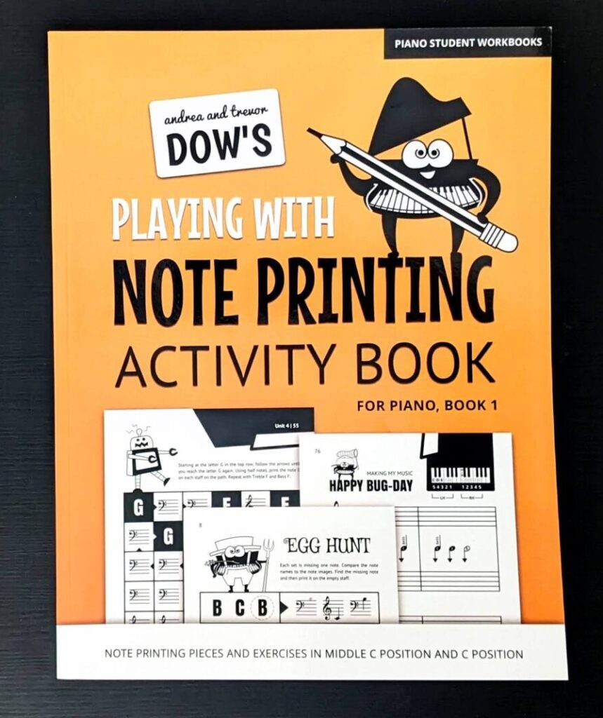Playing With Note Printing Activity Book For Piano Book 1 cover against a black background