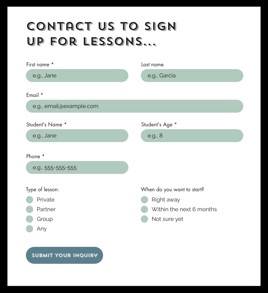 piano teacher website contact form example