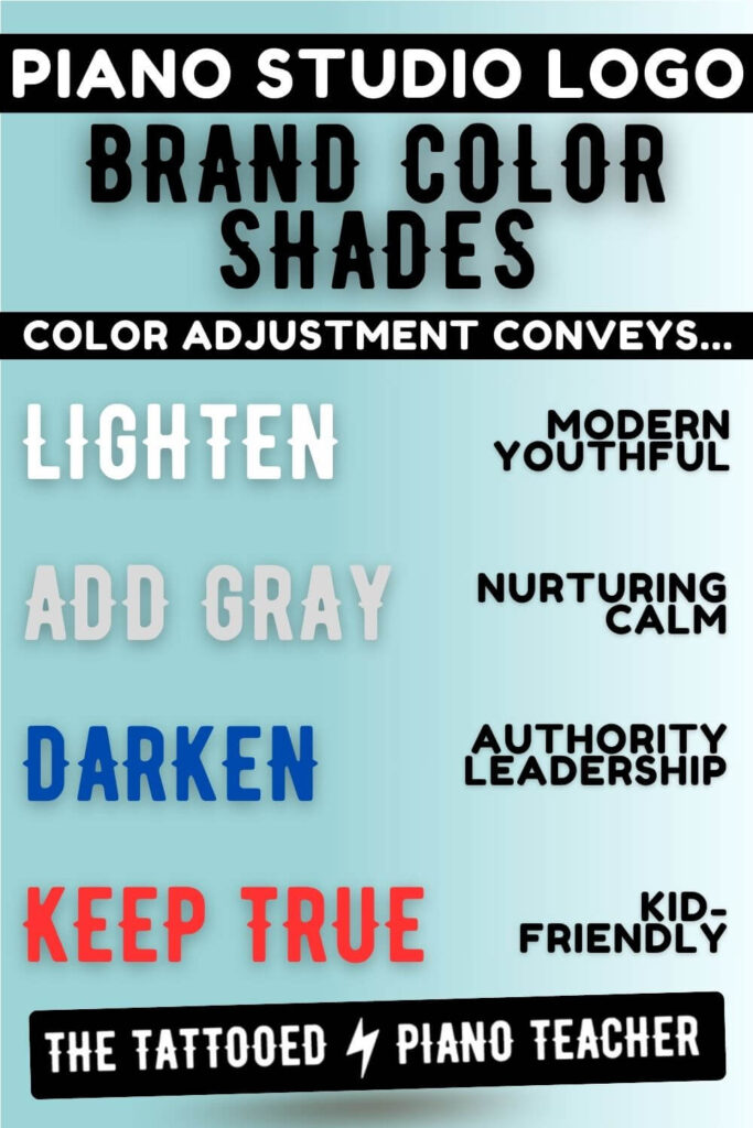 piano studio logo. brand color shades: color adjustment conveys...lighten for modern, youthful. add gray for nurturing, calm. darken for authority, leadership. keep colors true for kid-friendly. the tattooed piano teacher.