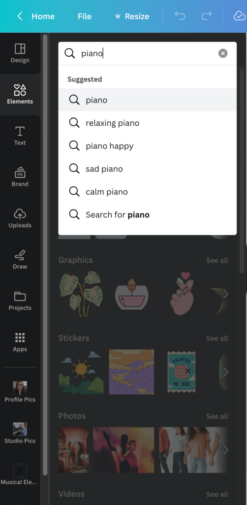 searching for piano elements on canva for a piano studio logo