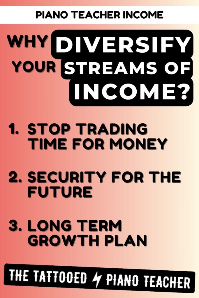 piano teacher income. why diversify your streams of income? 1. stop trading time for money. 2. security for the future. 3. long term growth plan. the tattooed piano teacher.
