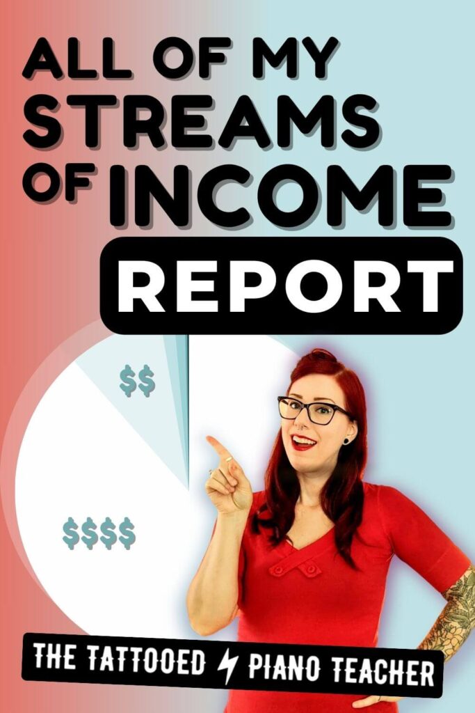 all of my streams of income report. the tattooed piano teacher points to a pie chart with dollar signs