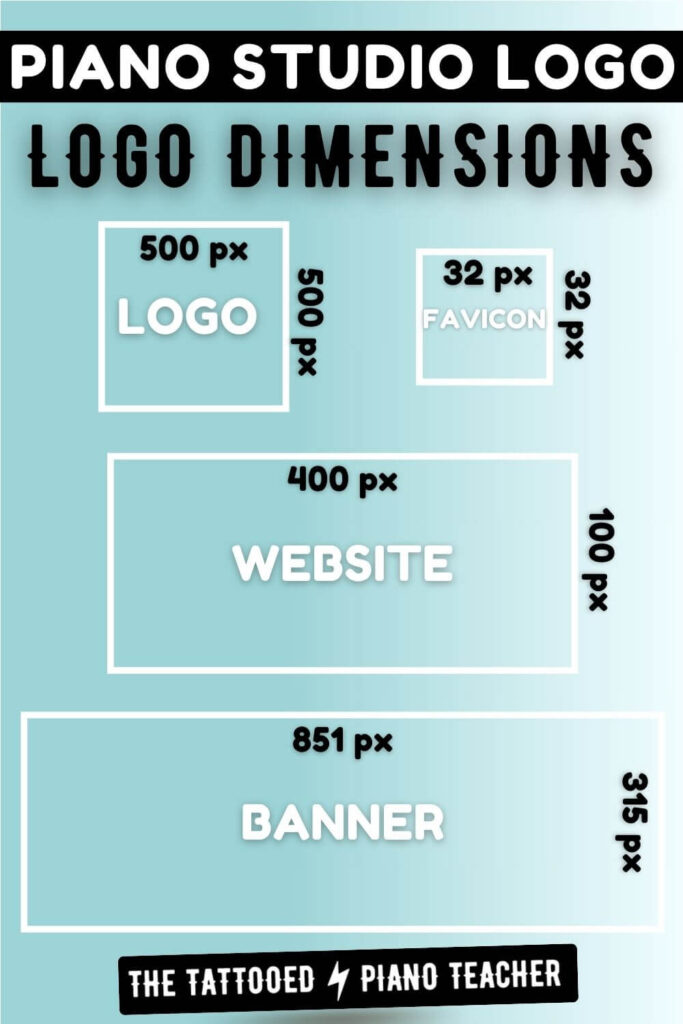 piano studio logo: logo dimensions. logo 500 by 500 pixels. favicon 32 by 32 pixels. website 400 by 100 pixels. banner 851 by 315 pixels. the tattooed piano teacher.