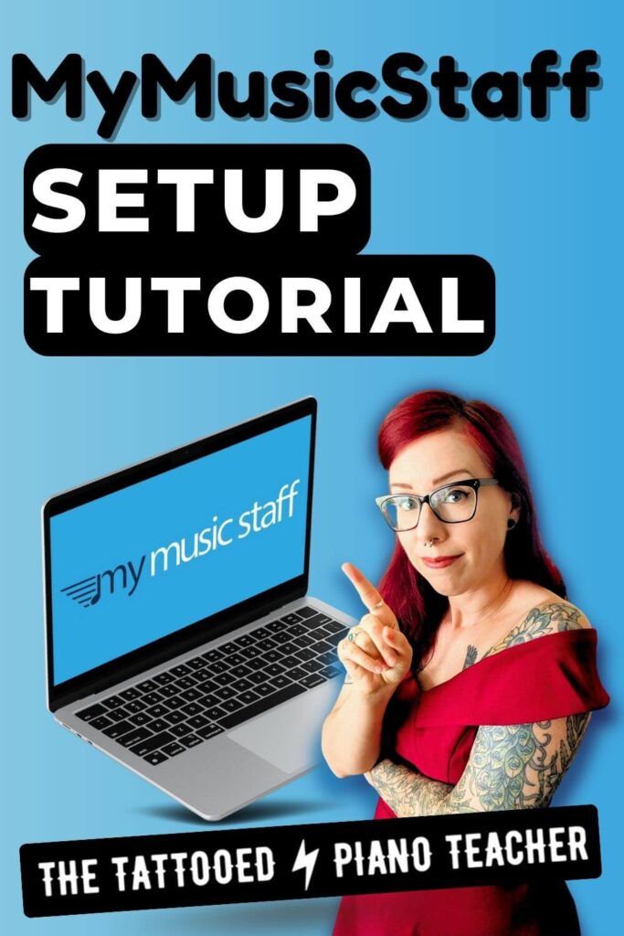 MyMusicStaff setup tutorial. The tattooed piano teacher points to a laptop featuring the mymusicstaff logo
