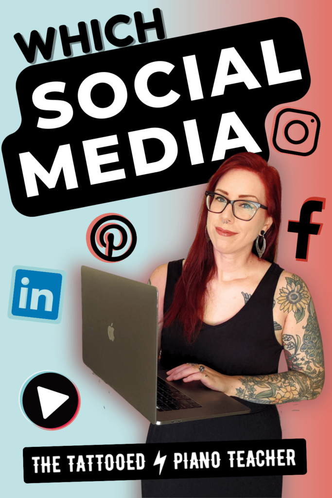 which social media for piano teachers? the tattooed piano teacher surrounded by social media icons