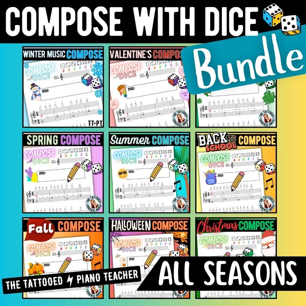 Compose with dice bundle. all seasons. music composition for beginning piano students. the tattooed piano teacher.