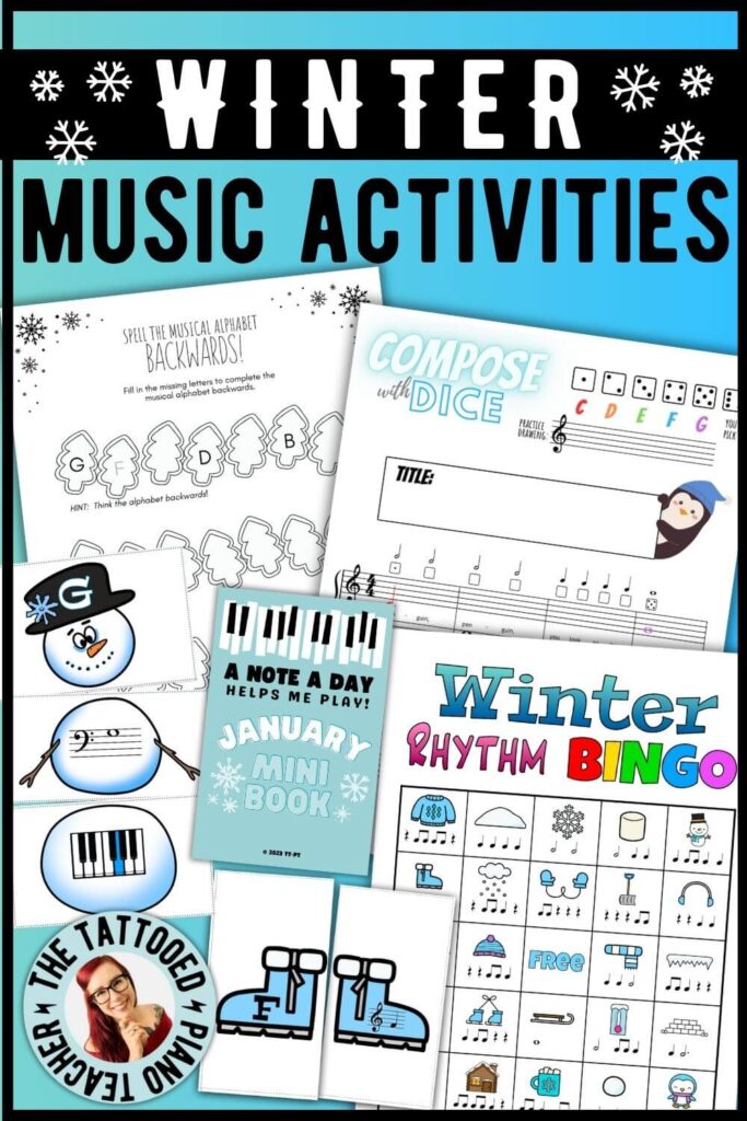 winter music activities preview of games, puzzles, and worksheets. the tattooed piano teacher.
