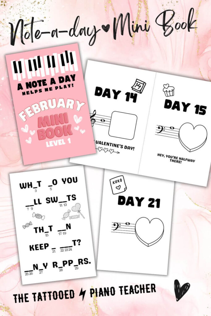 February Note a day mini book for piano students. the tattooed piano teacher.