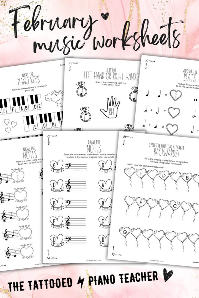 february music worksheets. valentine's day music activities. notes. major triads. key signatures. the tattooed piano teacher.