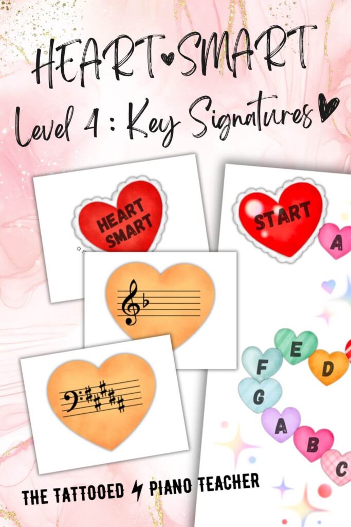 heart smart. level 4. key signatures. valentine's day music game. the tattooed piano teacher