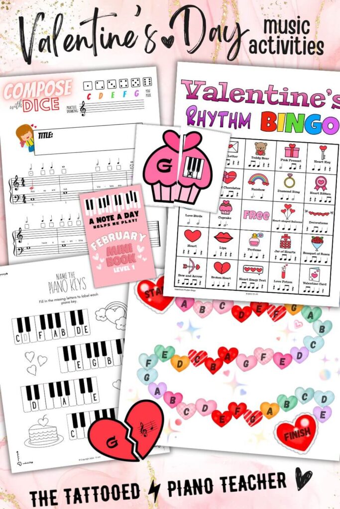 valentine's day music activities. games. puzzles. bingo. board games. note mini book. worksheets. the tattooed piano teacher.
