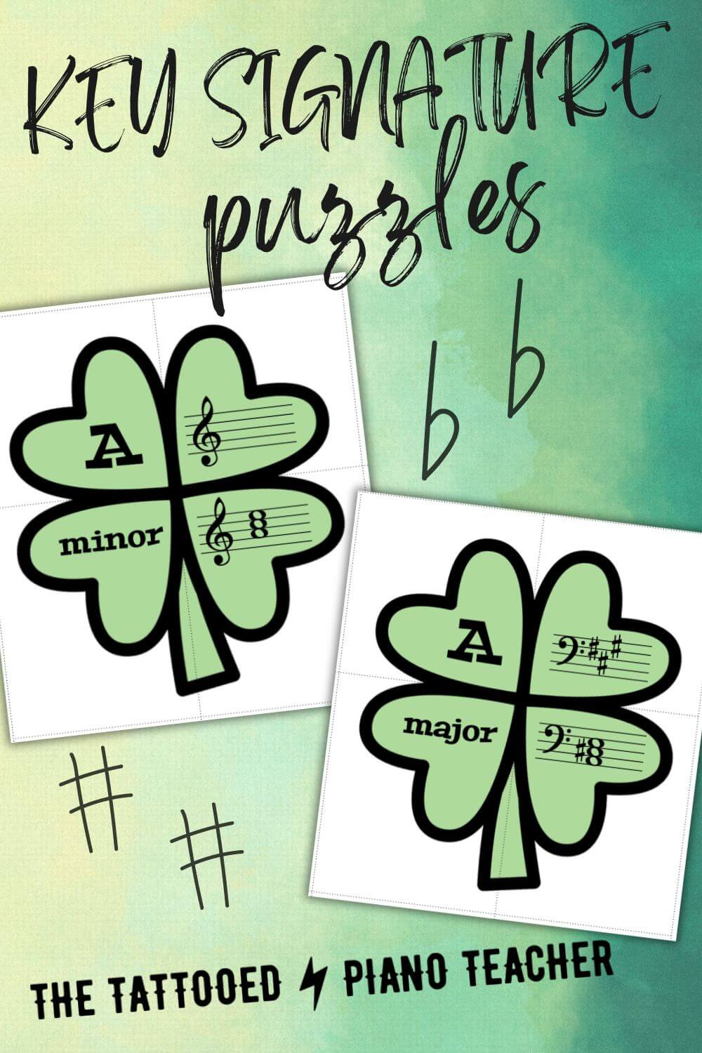 key signature puzzles. flat key signatures. sharp key signatures. major, minor. shamrock st. patrick's day puzzles. the tattooed piano teacher.