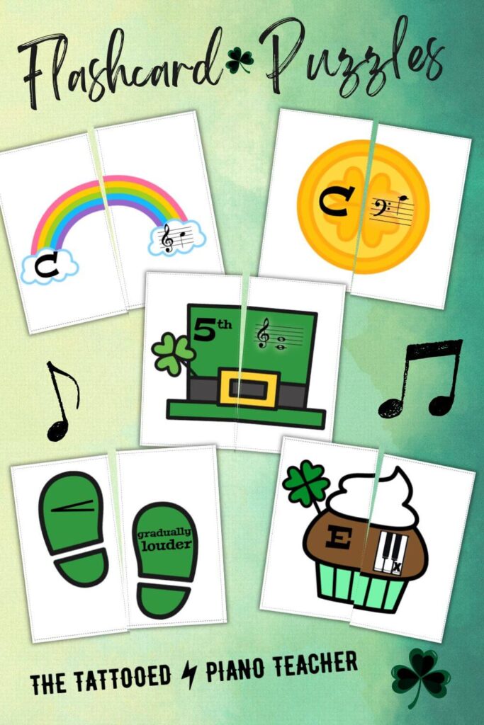 st. patrick's day music activities. flashcard puzzles for piano students.