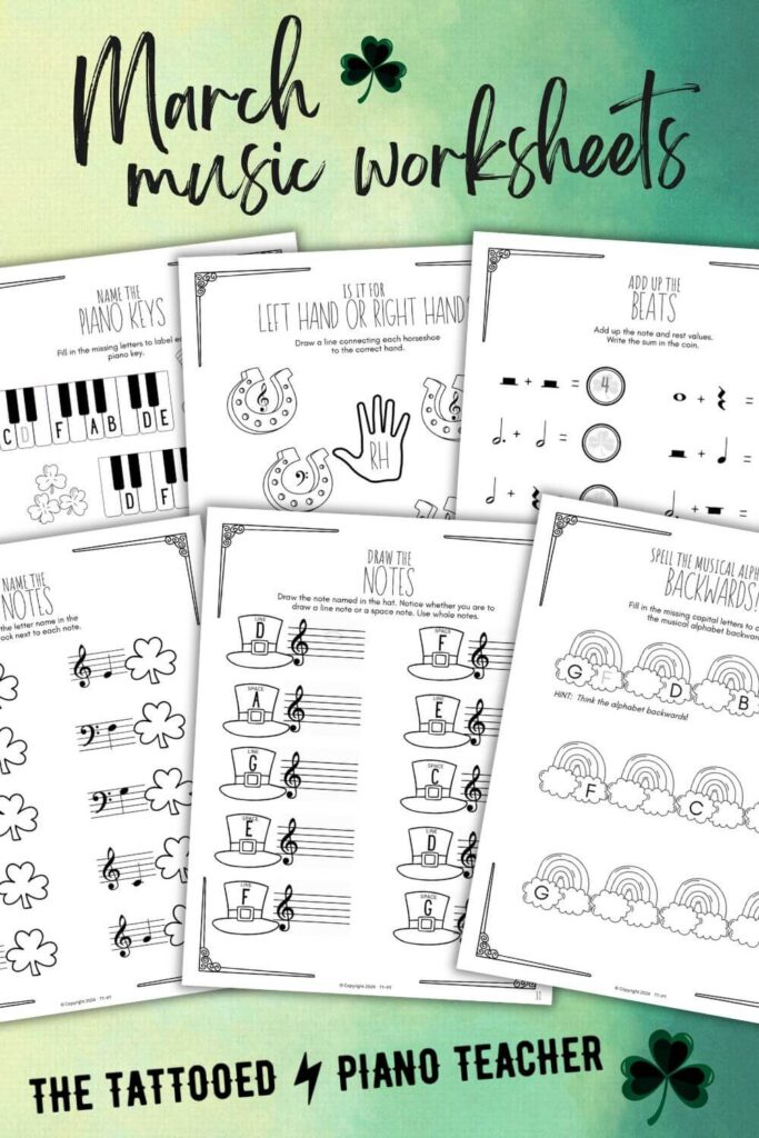march music worksheets. st. Patrick's day music activities. the tattooed piano teacher.