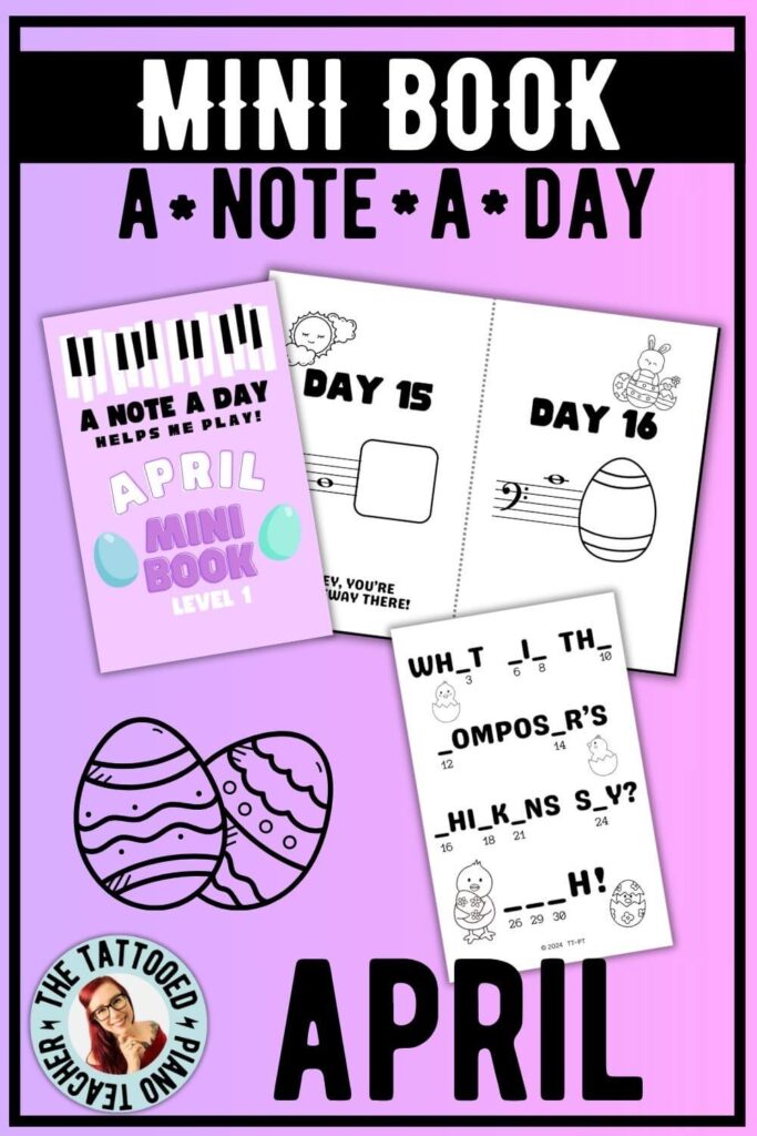 spring april mini book. name a note a day. spring piano games for kids. the tattooed piano teacher.