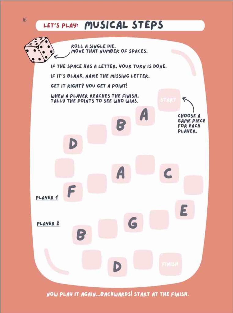 Musical Steps game. Piano skill set writing book pre-reading level.