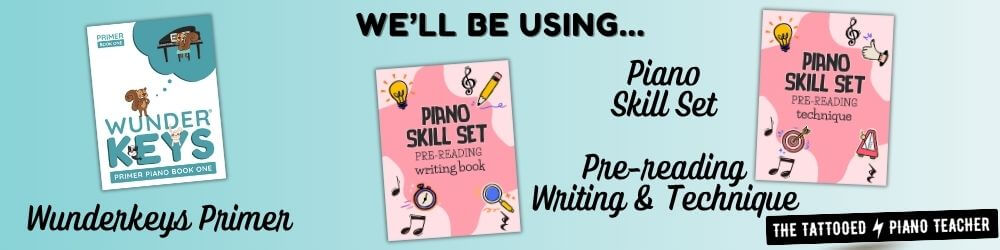 method books for partner piano lessons. wunderkeys, piano skill set technique and piano skill writing book.