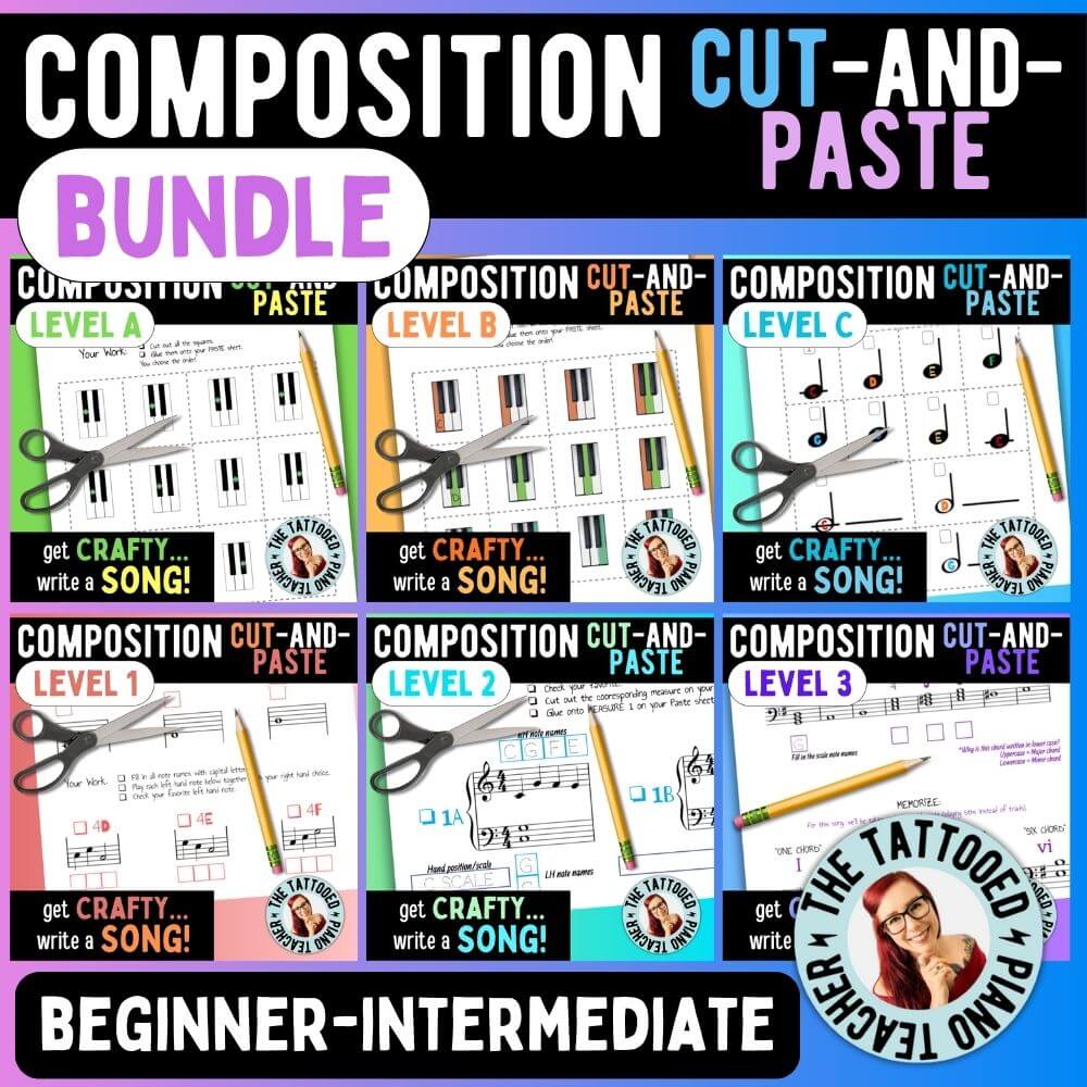 composition cut and paste bundle. all levels. beginner to intermediate piano students. the tattooed piano teacher