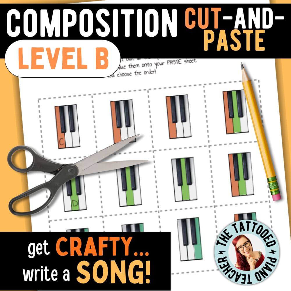 composition activity for kids piano students. cut and paste composing. get crafty, write a song! Level B pre-reading. piano keys. white keys. the tattooed piano teacher