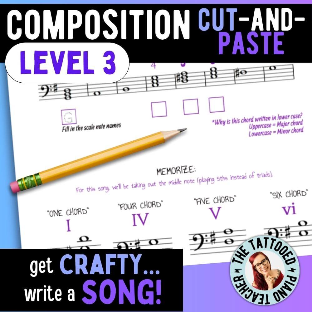 music composing activity for piano students. composition cut and paste level 3 for intermediate. get crafty, write a song. the tattooed piano teacher