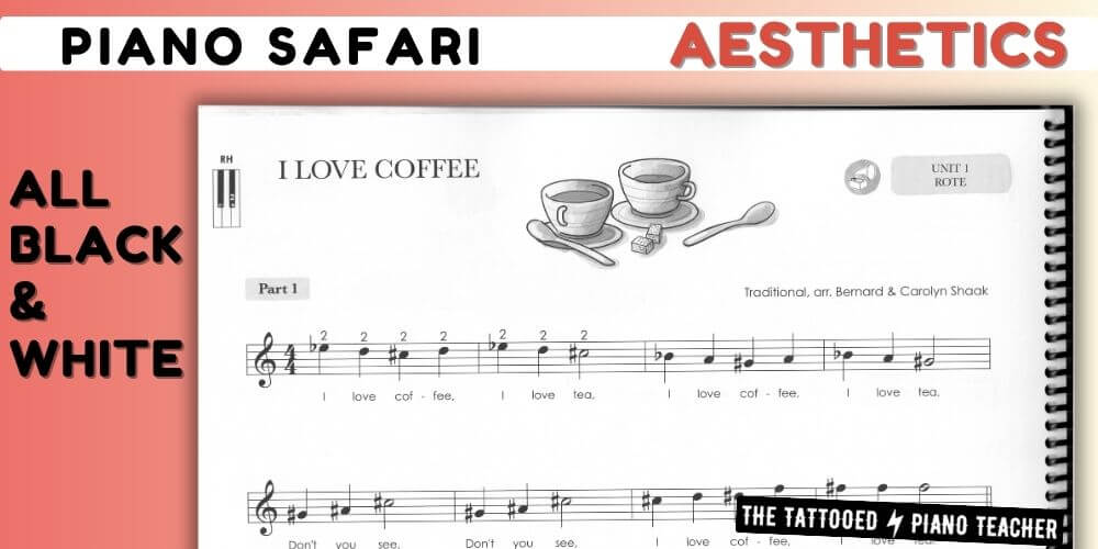 piano safari review. piano safari aesthetics. interior black and white. repertoire sample page.