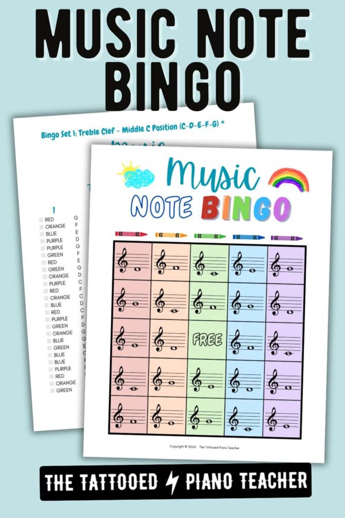 music note bingo for piano students. free bingo game for music students. the tattooed piano teacher.
