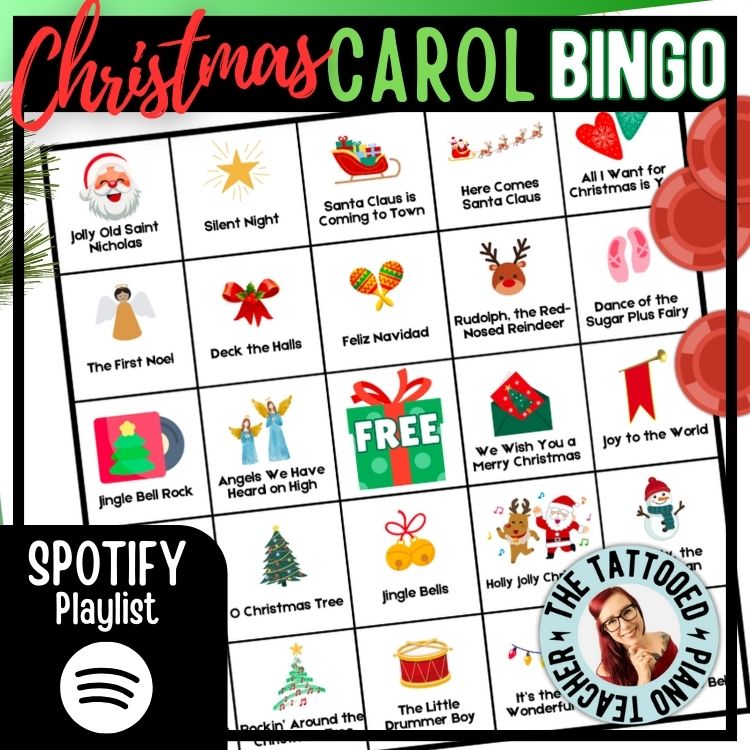 christmas carol bingo with spotify playlist for music students. the tattooed piano teacher.