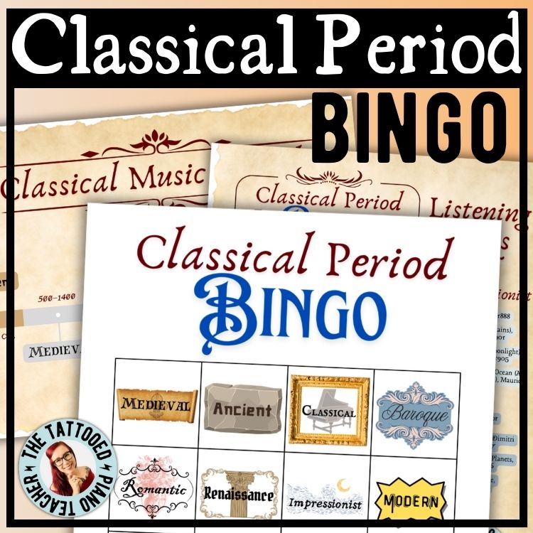 classical period music history listening bingo for piano students. the tattooed piano teacher