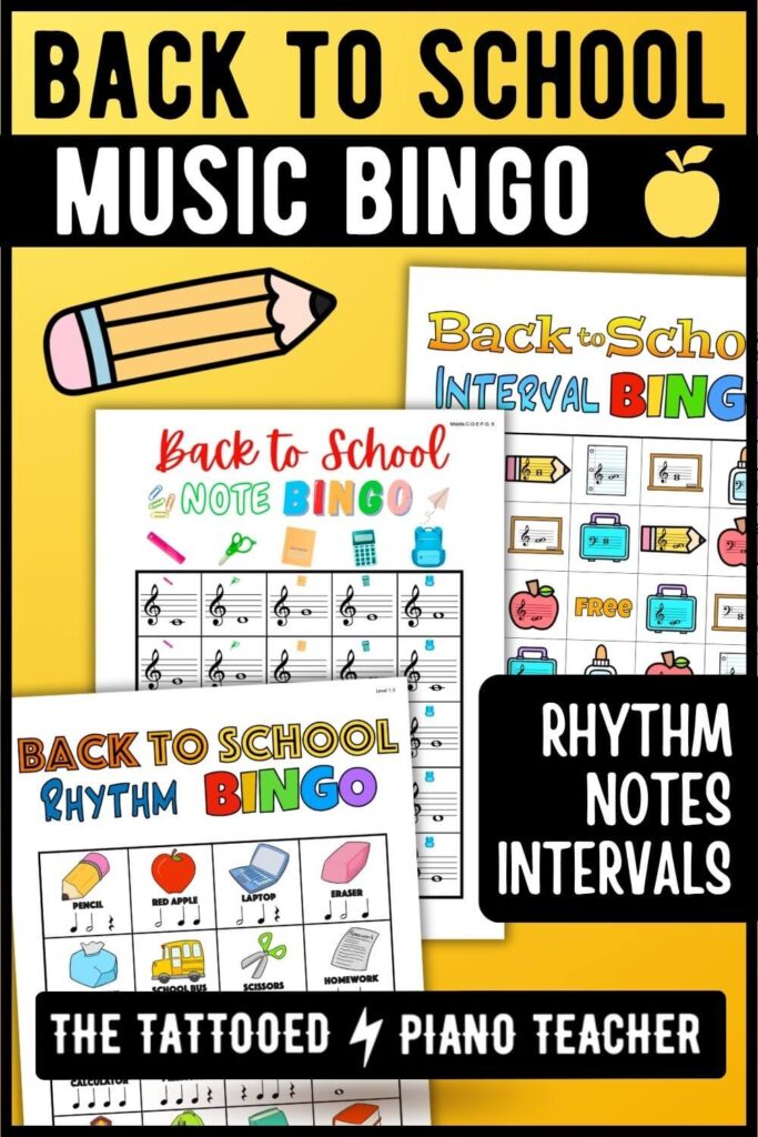 Back to School Music Bingo 3 Game Sets. Lots of ways to play. Review rhythm, notes, intervals. the tattooed piano teacher.