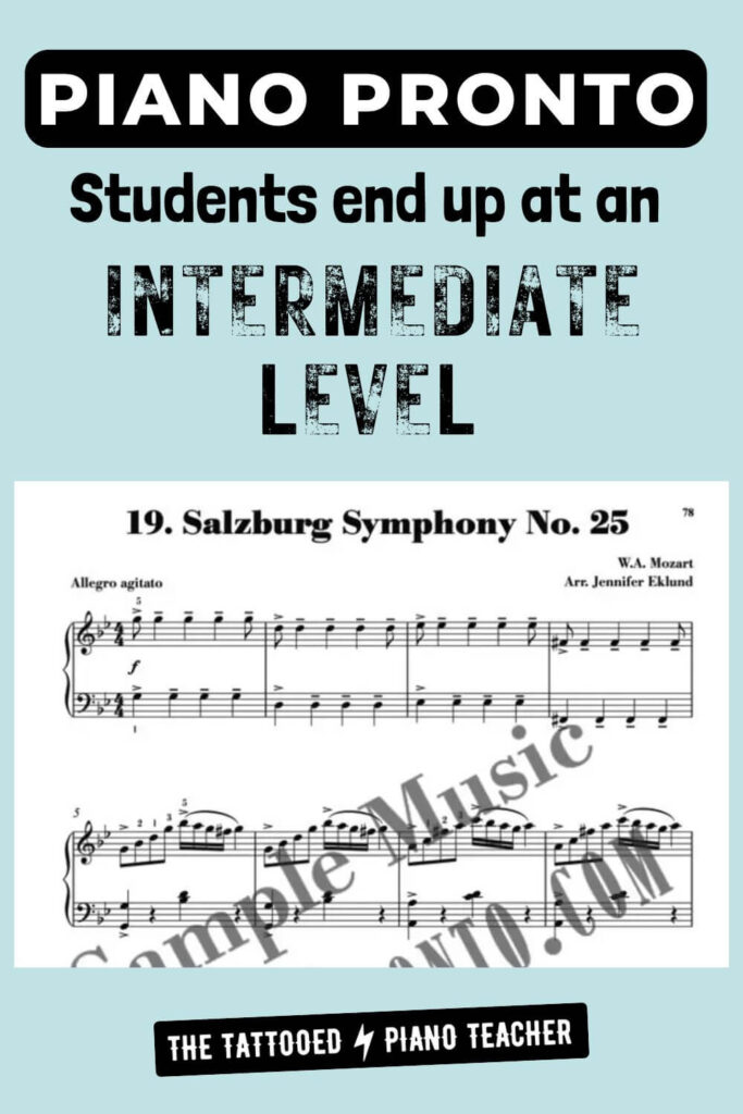piano pronto students end up at an intermediate level. sample page from piano pronto encore. the tattooed piano teacher