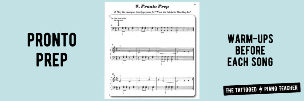 pronto prep. warm-ups before each song. example page from movement 1. piano pronto. the tattooed piano teacher