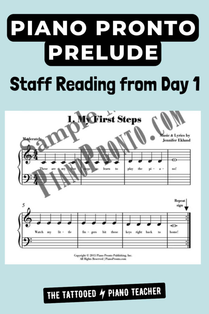 piano pronto prelude. staff reading from day one. no off-staff notation for beginners. the tattooed piano teacher
