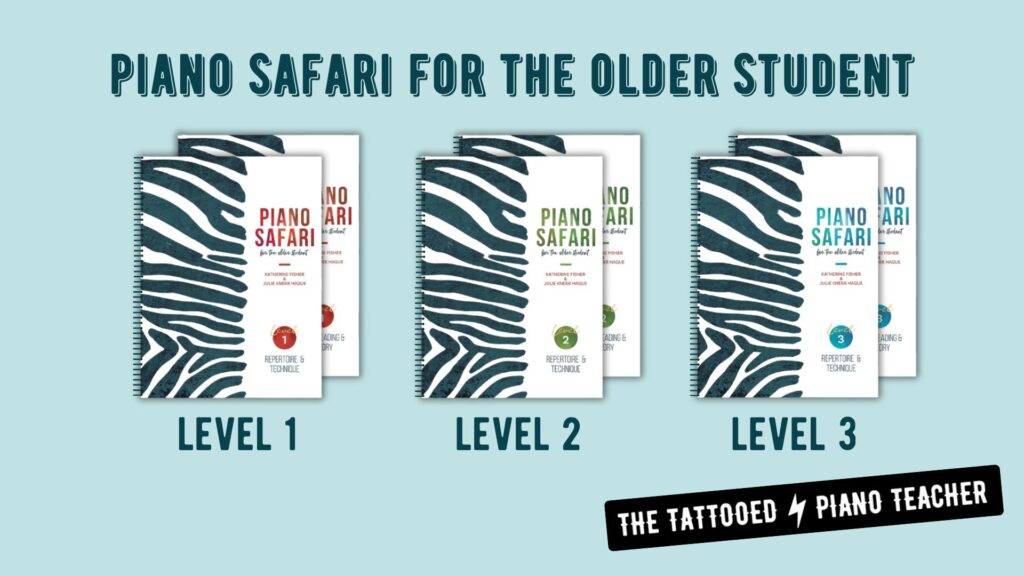 piano safari for the older student level 1, level 2, level 3. the tattooed piano teacher
