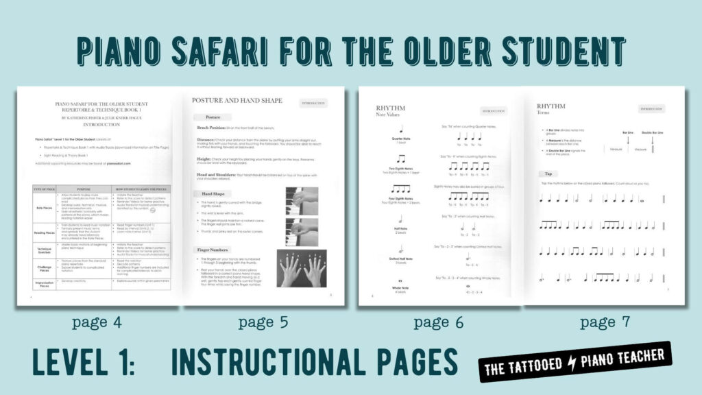 piano safari for the older student first few instructional pages of level 1 repertoire & technique book. the tattooed piano teacher