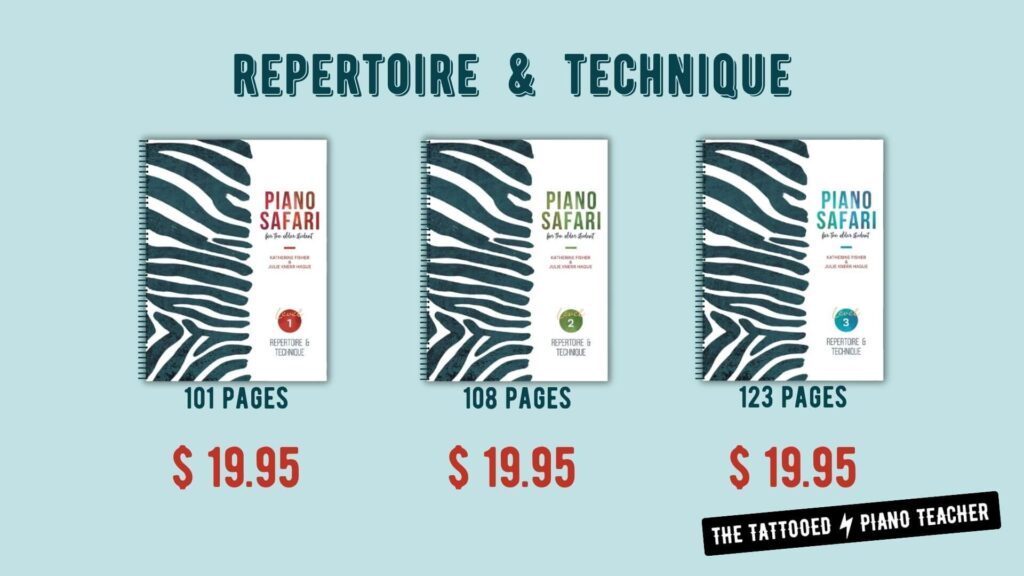 piano safari for the older student. cost of repertoire & technique books. the tattooed piano teacher