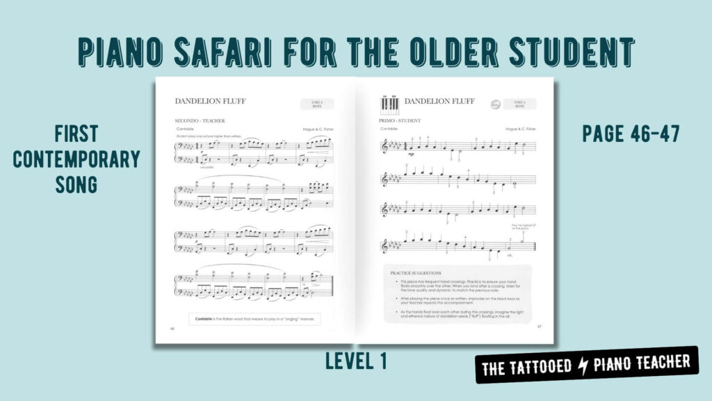 piano safari for the older student. first contemporary style song in level 1 repertoire & technique book. the tattooed piano teacher