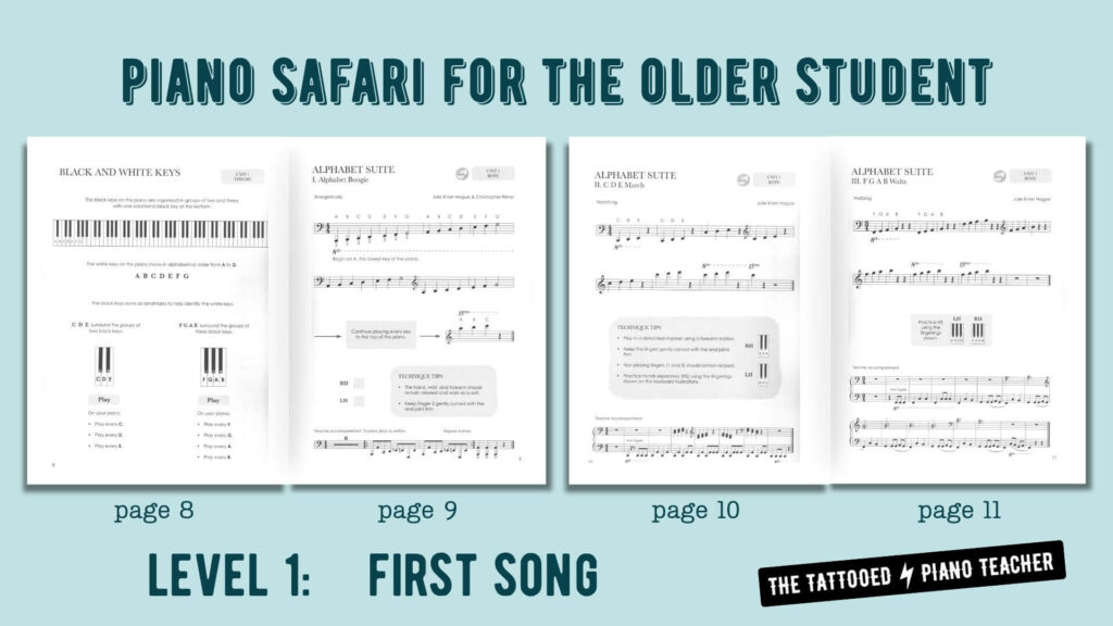 piano safari for the older student. level 1 repertoire & technique book. First song in the book on the white keys. the tattooed piano teacher