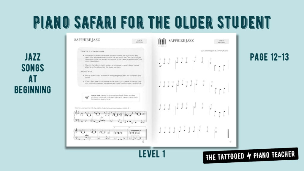 piano safari for the older student level 1 repertoire & technique book. first jazz songs. the tattooed piano teacher