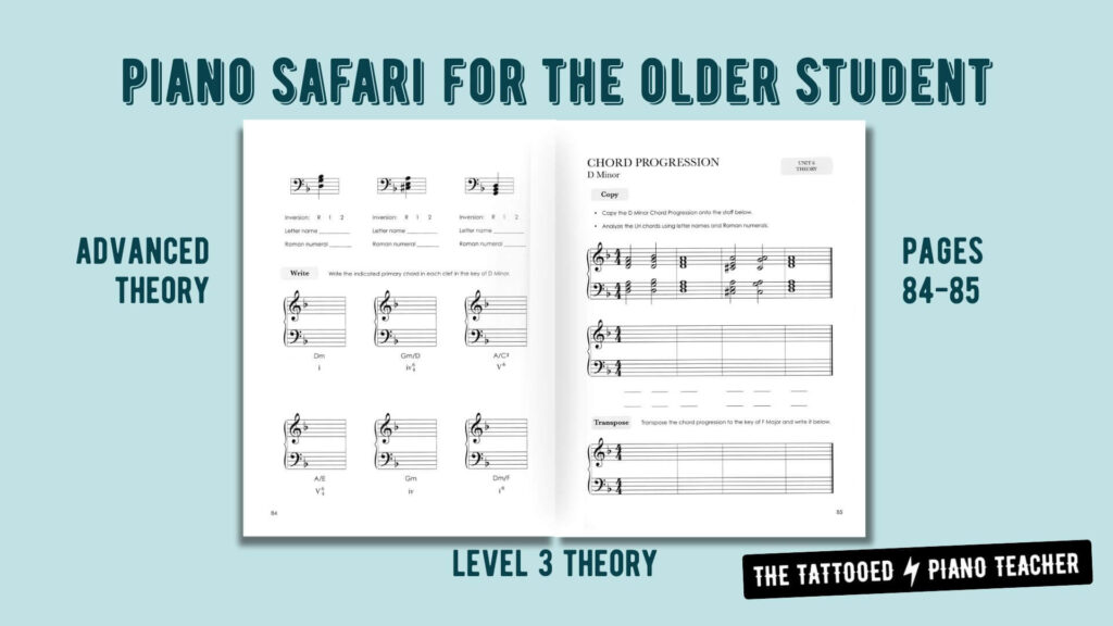 piano safari for the older student. level 3 sight reading & theory book. page 84 and 85. advanced theory concepts. the tattooed piano teacher