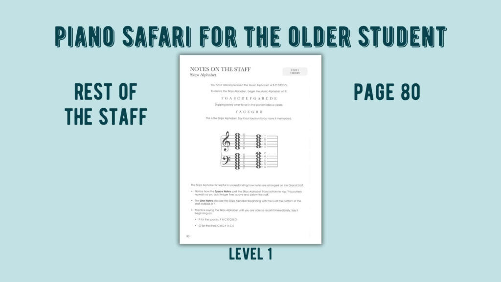 piano safari for the older student. students learn the rest of the notes on the staff level 1 page 80. repertoire & technique book. the tattooed piano teacher
