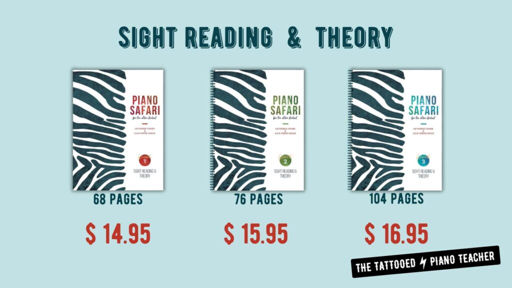 piano safari for the older student. cost of sight reading & theory books. the tattooed piano teacher