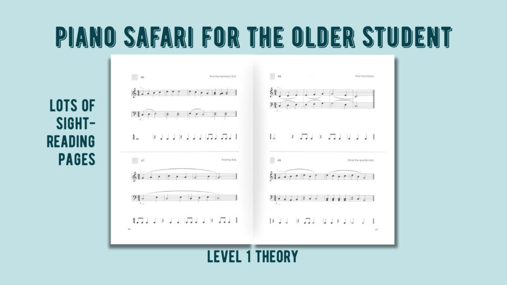 piano safari for the older student. sight reading in the theory book level 1. the tattooed piano teacher