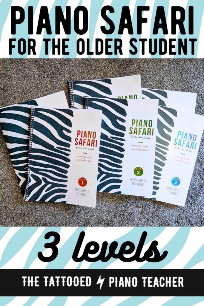 piano safari for the older student. 3 levels. the tattooed piano teacher.