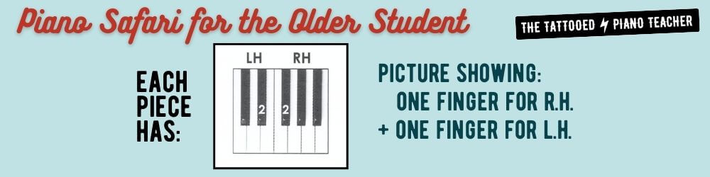 piano safari for the older student. each piece has a picture of the keys with one finger placement for the right hand and one finger placement for the left hand. the tattooed piano teacher