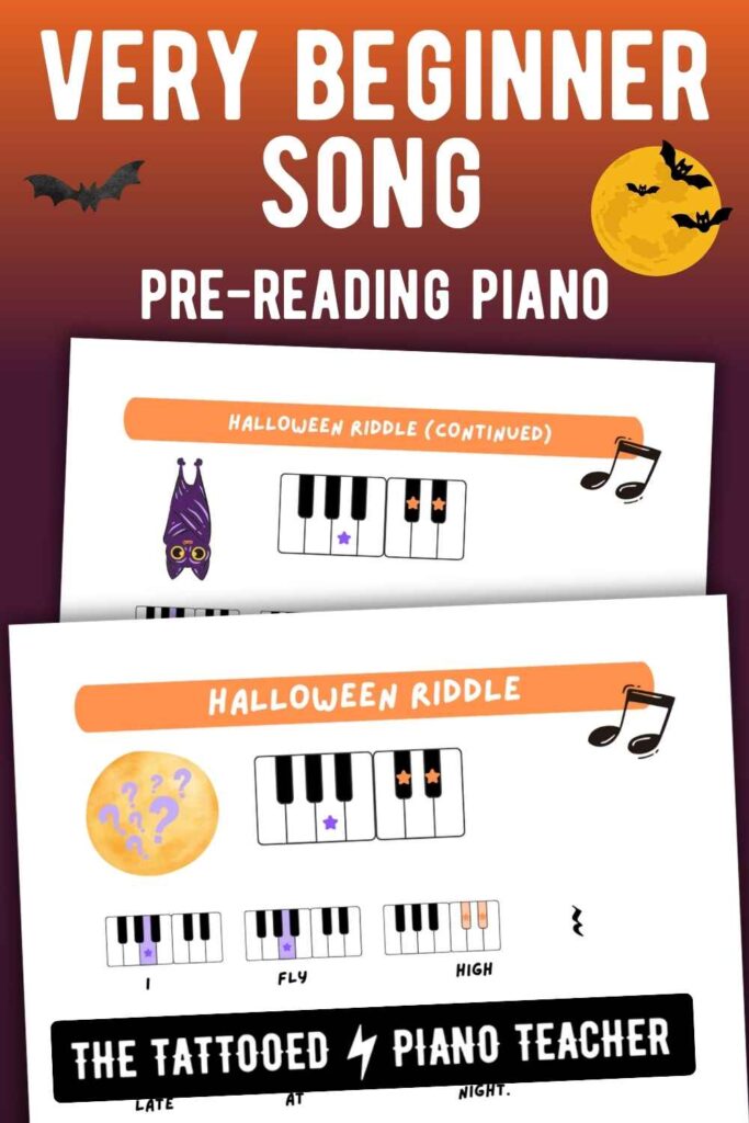 Halloween Beginner Pre-reading piano solo sheet music. Halloween Riddle for young piano students. the tattooed piano teacher