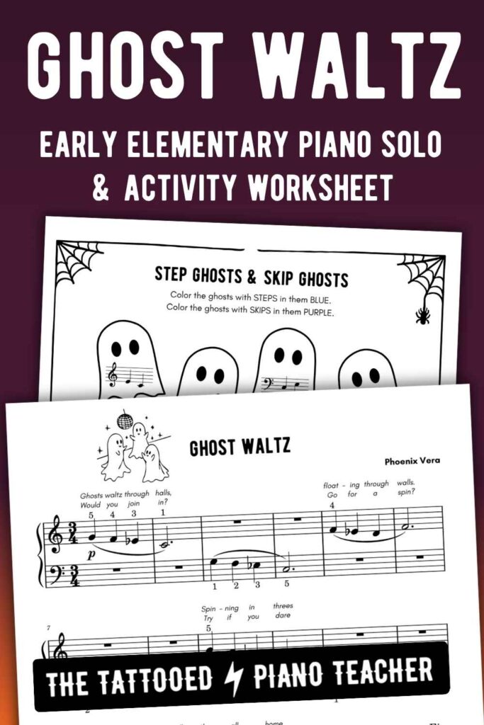 Ghost Waltz early elementary piano solo for primer to level 1 students. halloween sheet music for students. the tattooed piano teacher