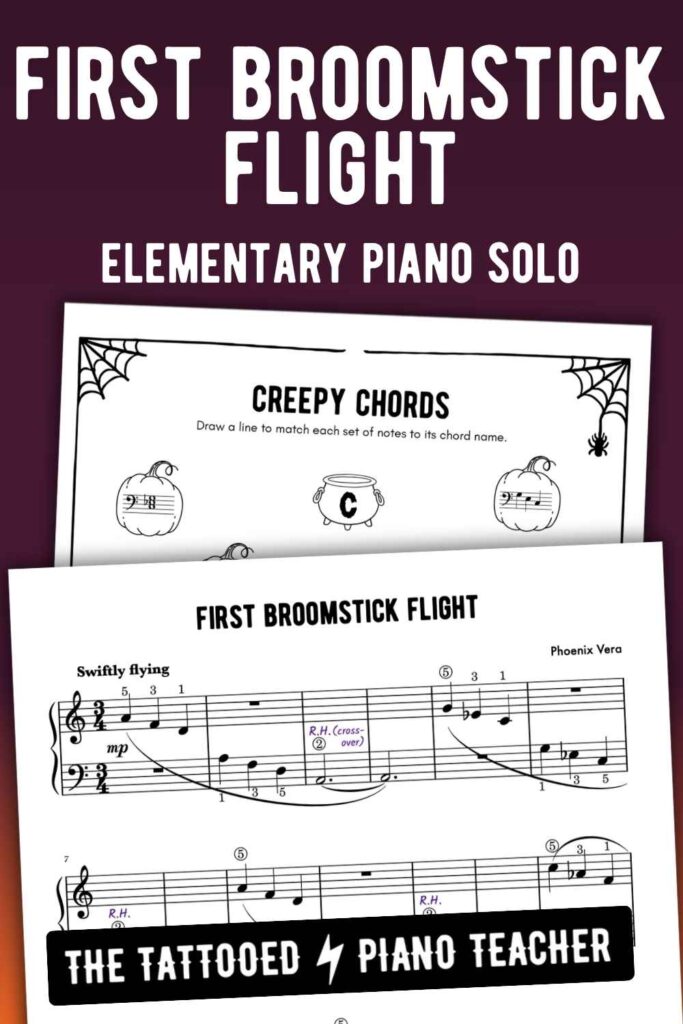 First Broomstick Flight Level 2 Elementary Halloween Sheet Music for Piano Students. The Tattooed Piano Teacher